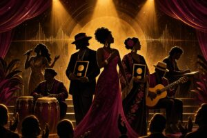 Illustration celebrating Latin musicians receiving career achievement honors