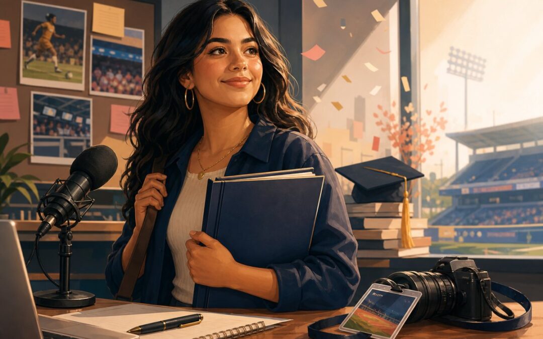 Illustration of a Latina student preparing for a career in sports journalism