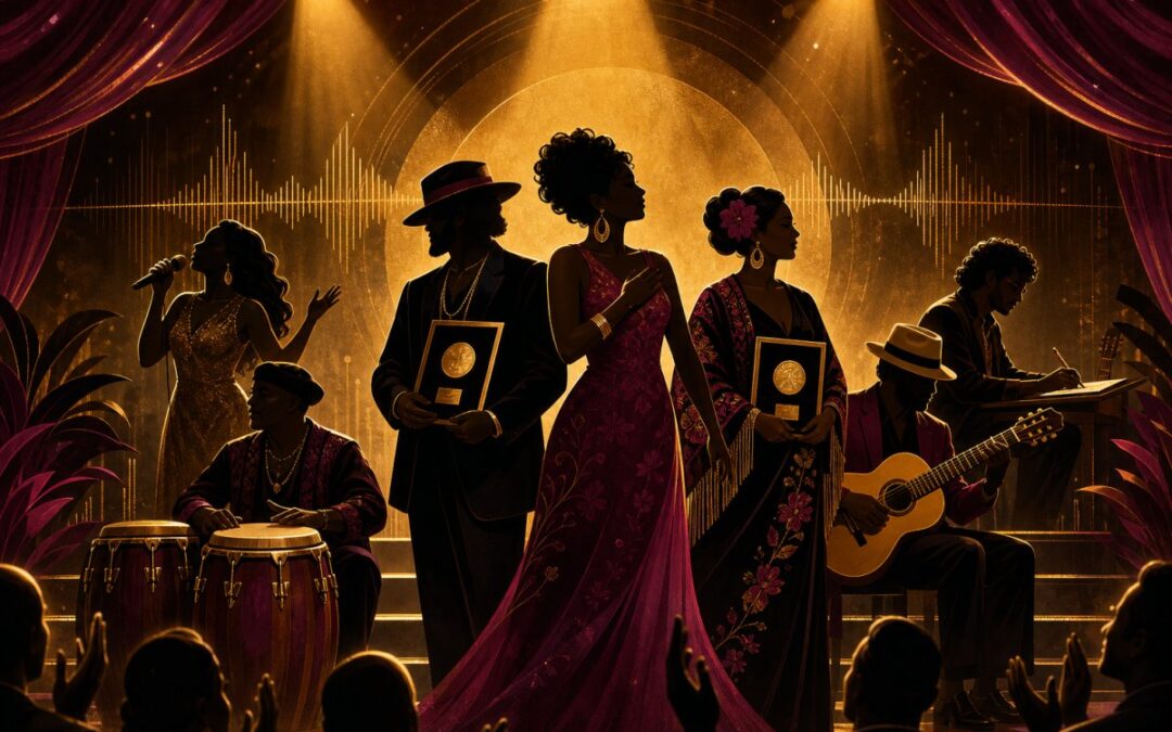 Illustration celebrating Latin musicians receiving career achievement honors