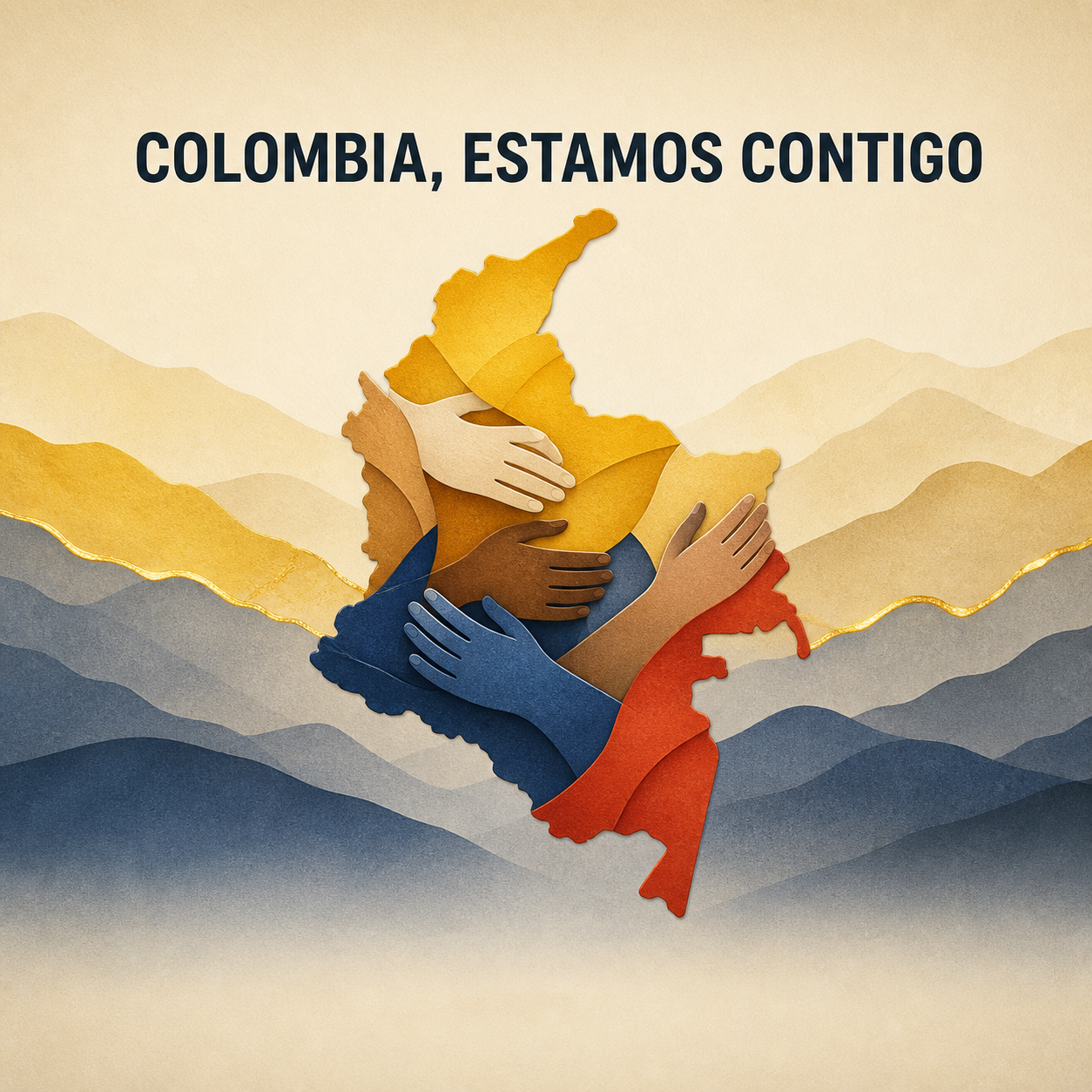Ilustración de Colombia formada por manos entrelazadas con el mensaje Colombia, estamos contigo.