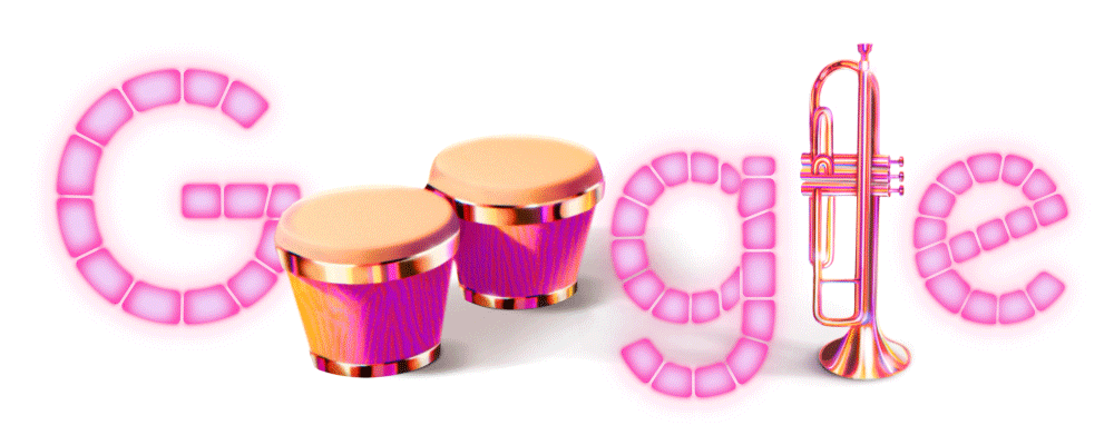 Google’s Hispanic Heritage Month design with neon-lit instruments and beat sequencer lettering.