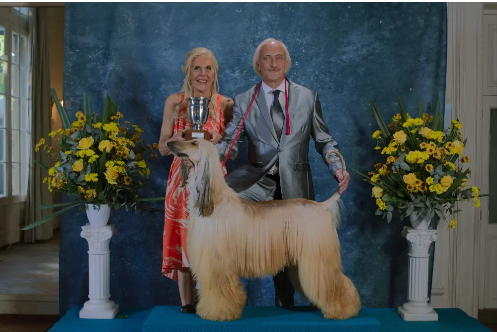 A scene from Prince featuring two characters posing with an Afghan hound and trophies.
